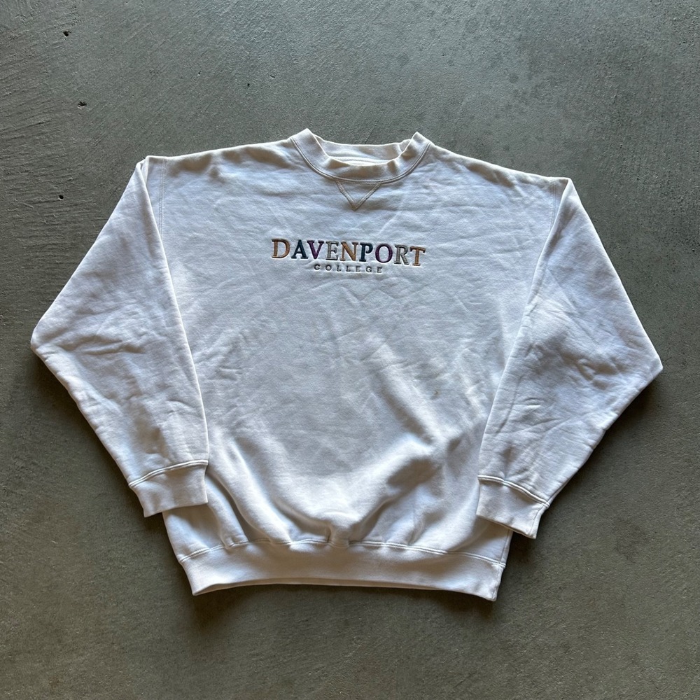 Vintage 90s Davenport College Sweatshirt Size Large White Crewneck University
